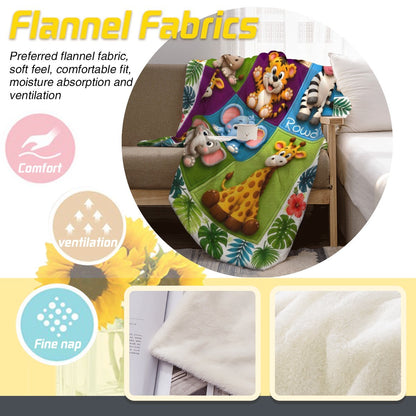 Close-up of safari animals blanket on a sofa, with flannel fabric graphic highlights.