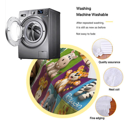 Machine-washable kids safari animal blanket fabric close-up showing printed panel edge.