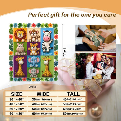 Safari animal name blanket layout with jungle border and featured size measurements.