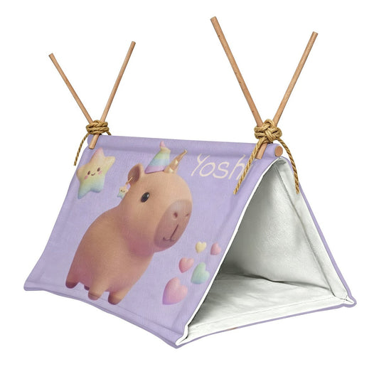 Purple canvas pet crawl tent with wooden poles and light gray interior