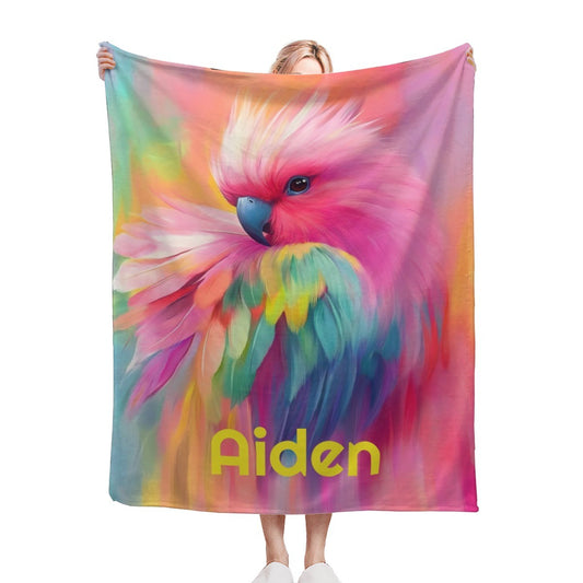 Personalized parrot name blanket with rainbow bird graphic and yellow text