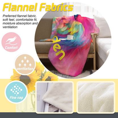 Flannel fabric blanket, rainbow parrot name print with softness and ventilation icons