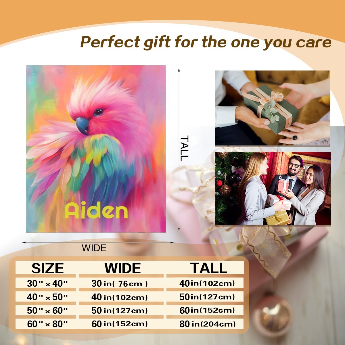 Personalized parrot name blanket with rainbow bird art and size guide