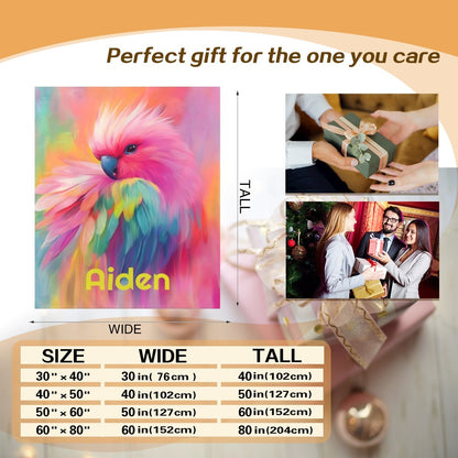Personalized parrot name blanket with rainbow bird art and size guide