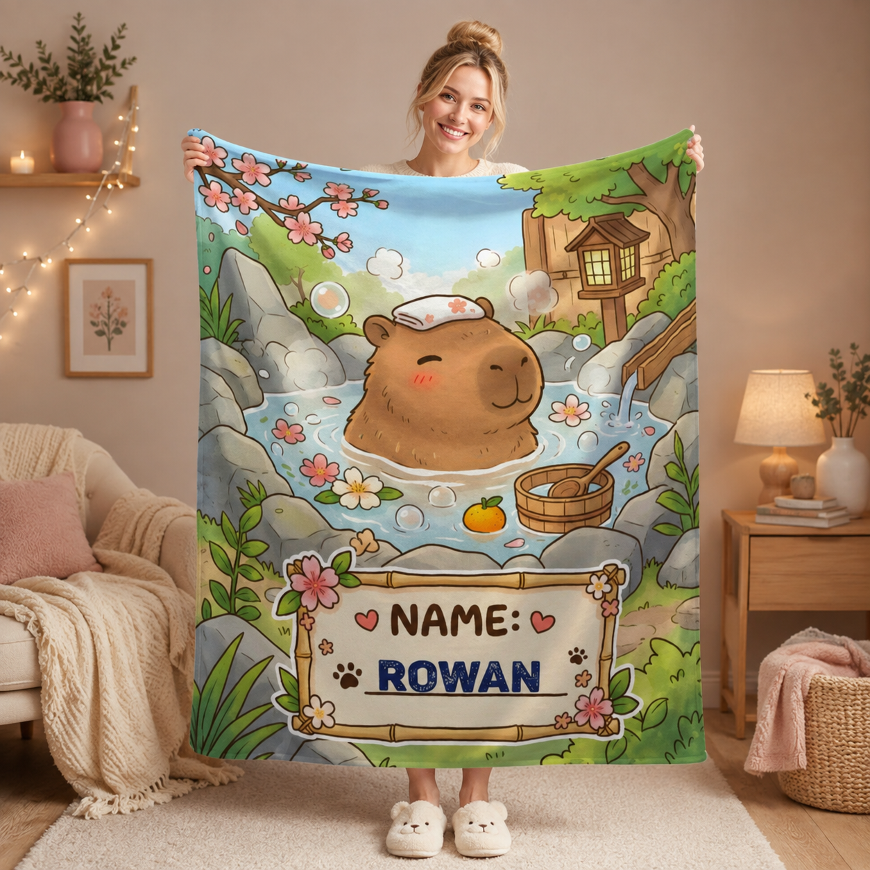 Personalized Capybara Hot Spring Blanket – Custom Name Gift