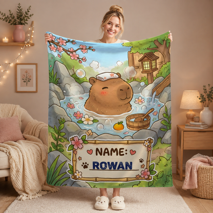 Personalized Capybara Hot Spring Blanket – Custom Name Gift