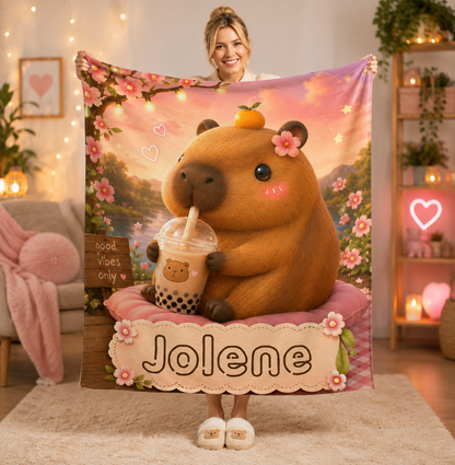 Personalized Capybara Blanket – Custom Name Flannel Throw | Kawaii Boba Tea Gift for Teens
