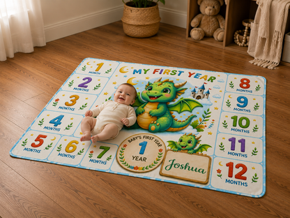 A baby lies on a colorful first-year milestone play mat on a wooden floor in a nursery. The mat features a cartoon green dragon, numbered monthly sections from 1 to 12 months, and a custom name plaque that reads 'Joshua'.