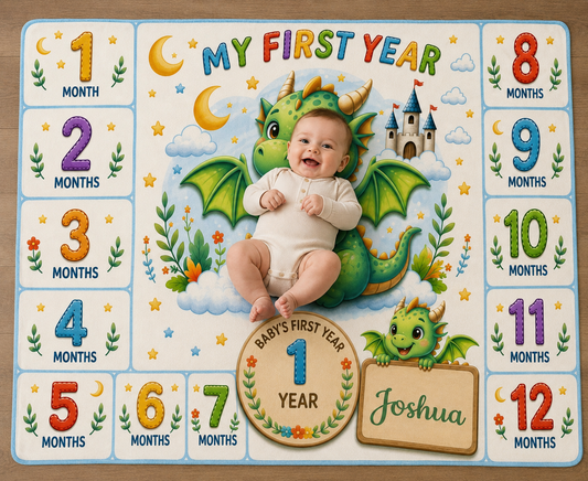 Personalized baby milestone blanket with baby in dragon hood, castle, Joshua name, month numbers