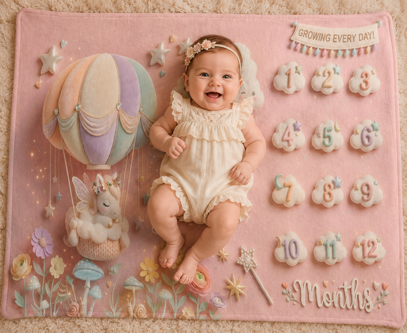 Pink milestone blanket with unicorn balloon, flowers, and 1–12 months numbers