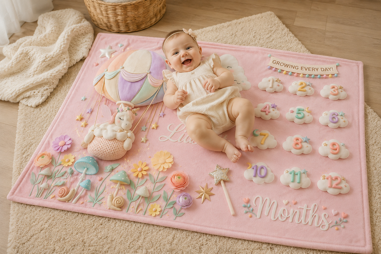 Pink milestone blanket with unicorn balloon, cloud friends, and 1–12 months numbers