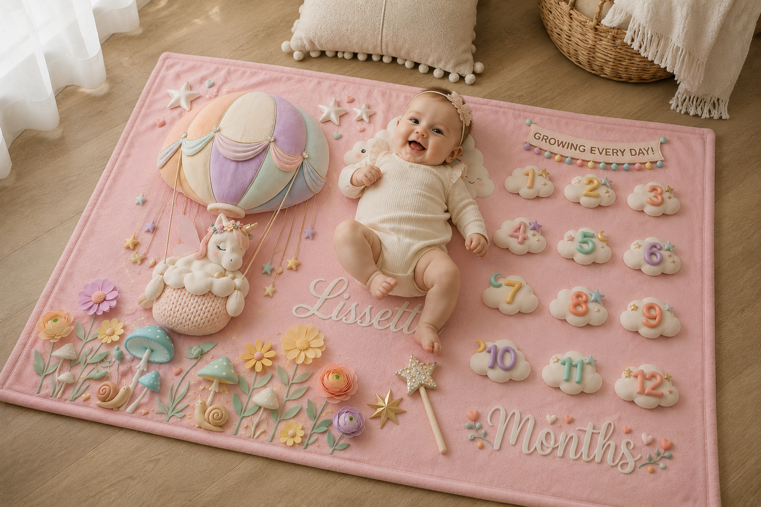 Pink baby milestone blanket with unicorn basket, stars, and 1–12 months details