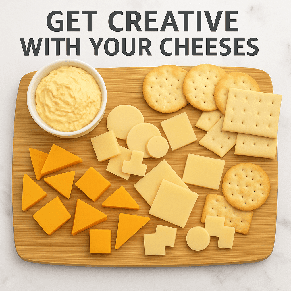 Cheese platter board with crackers, cheese slices, and a small bowl of cheese spread