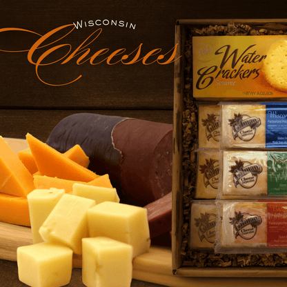 Meat and cheese gift basket with cheddar cheese cubes, salami slices, and packaged snacks