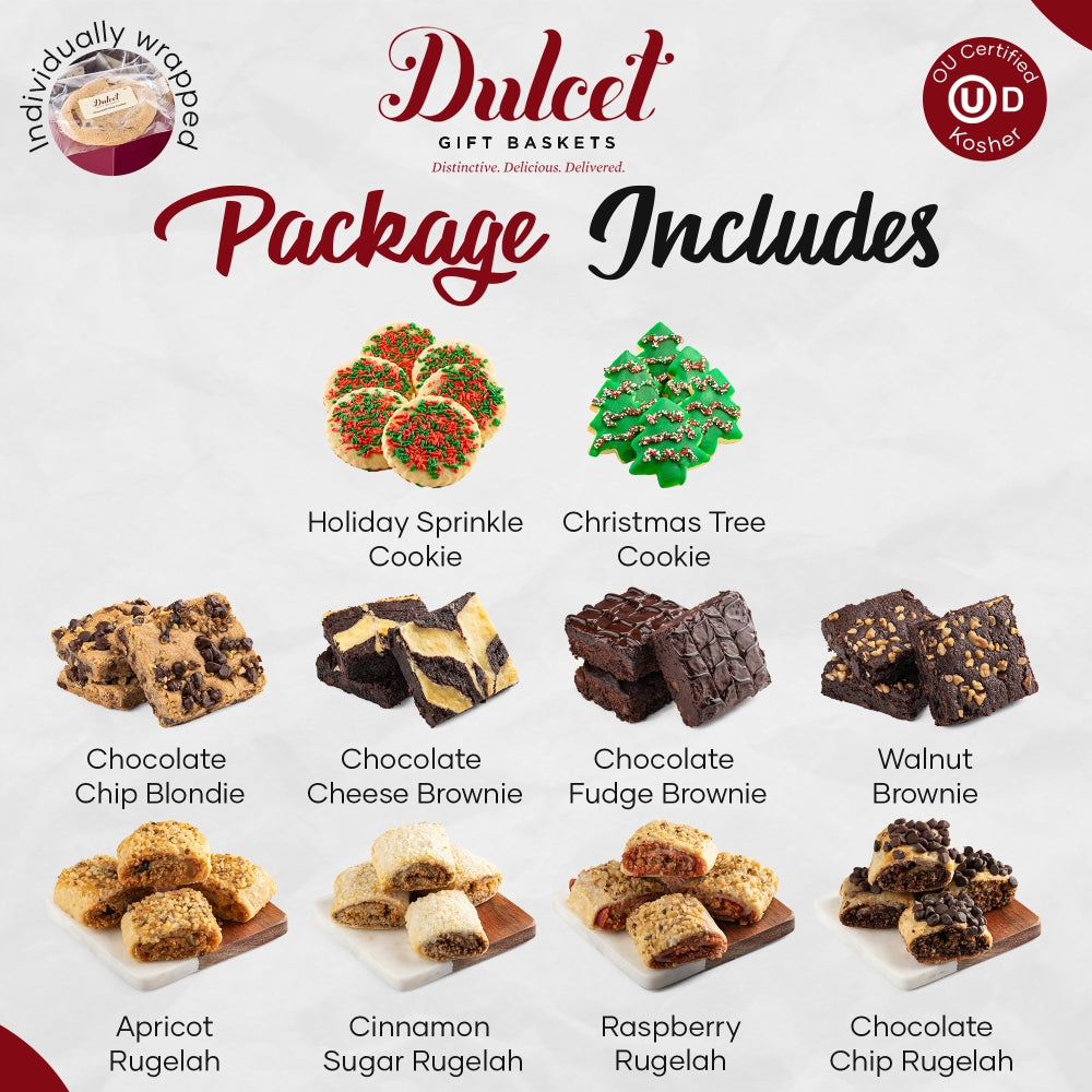 Dulcet gift basket package includes holiday cookies and brownie assortment