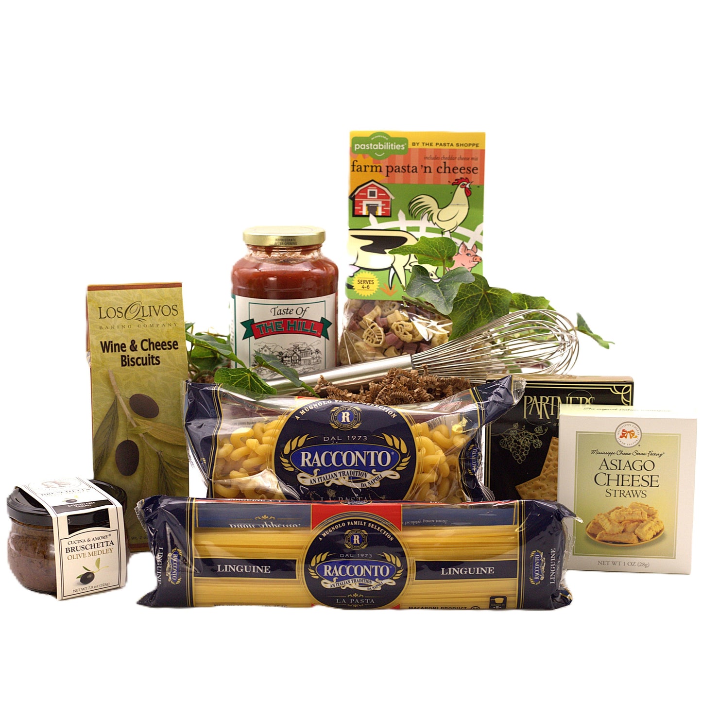 Italian gift basket with pasta, cheese, biscuits, and bruschetta in a wicker hamper