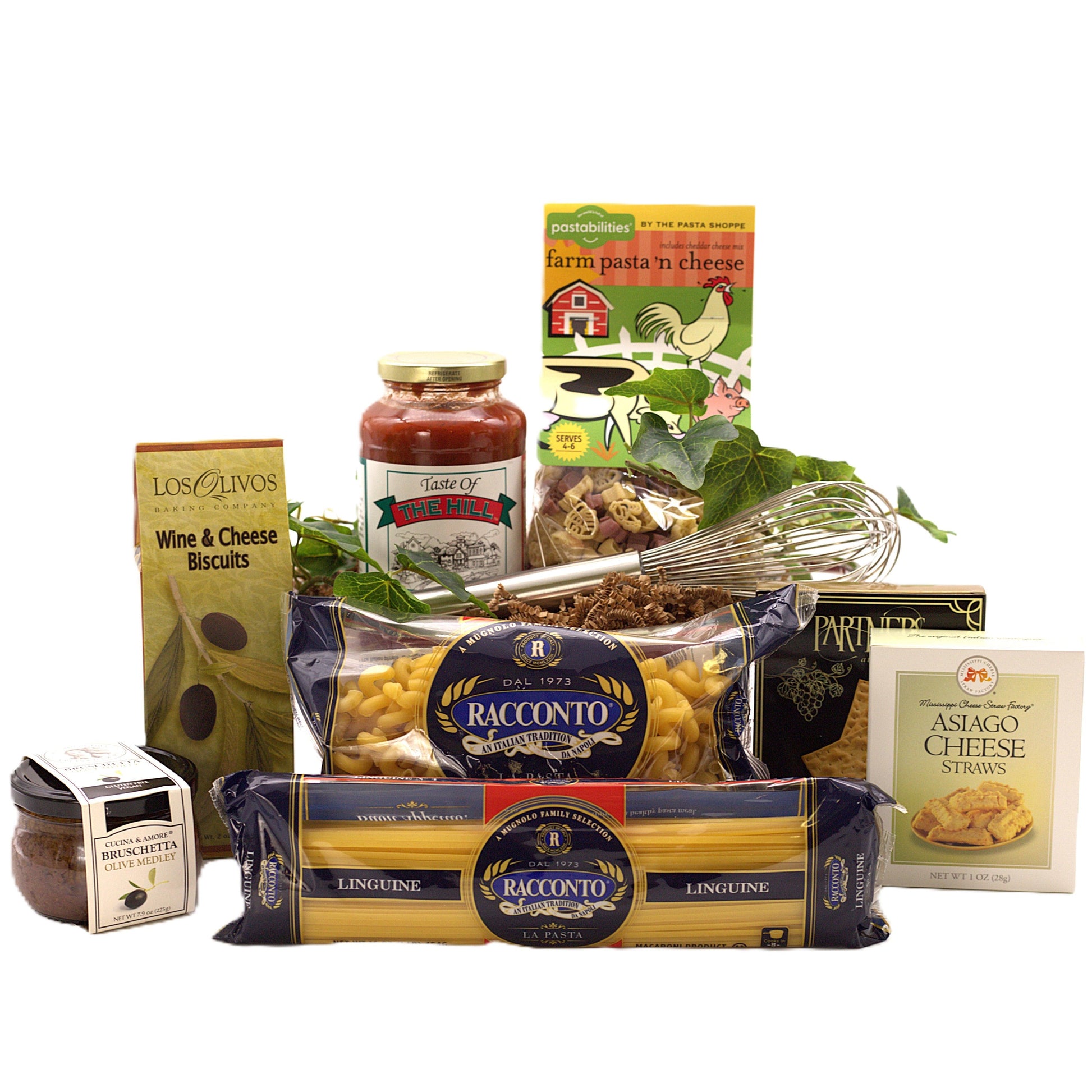 Italian gift basket with pasta, cheese, biscuits, and bruschetta in a wicker hamper