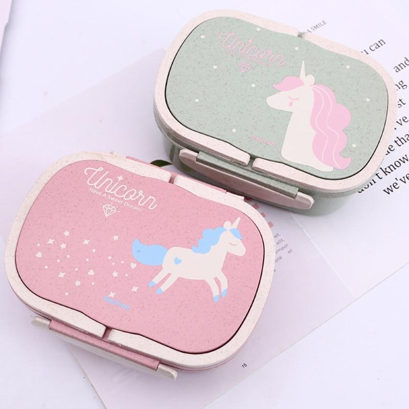 Unicorn bento lunch box set: pink and green starry lids with unicorn illustration