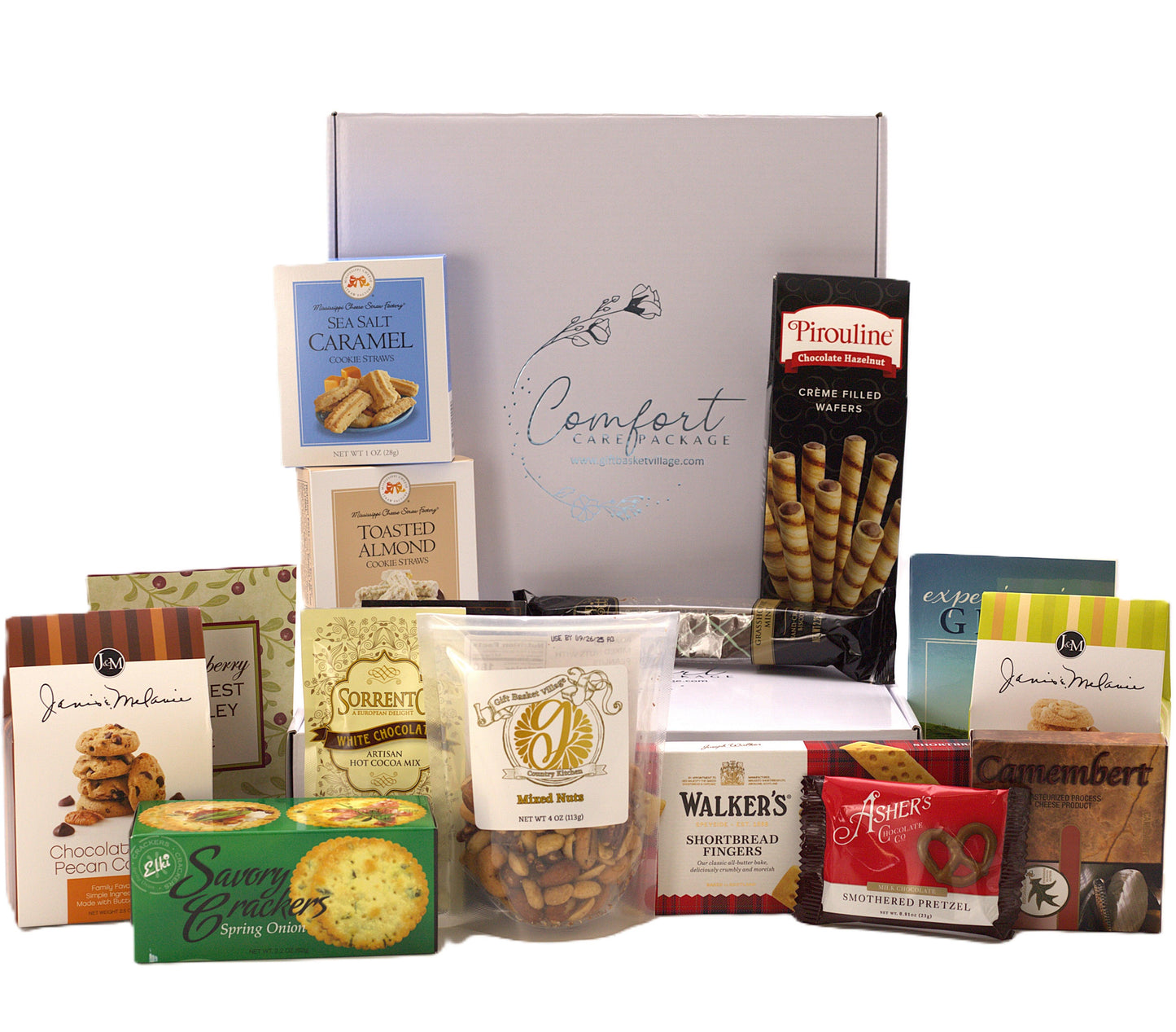 Assorted snack gift box with assorted cookies, wafers, pretzels, and caramel bars