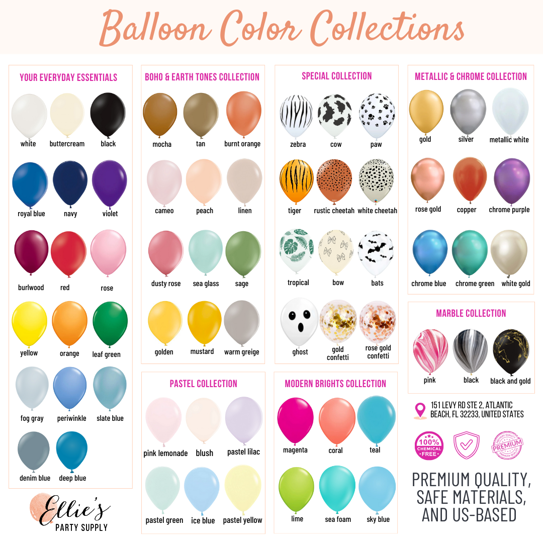 Latex balloon color collection chart with white, black, metallic gold, and rose tones