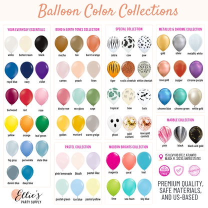 Latex balloon color collection chart with white, black, metallic gold, and rose tones