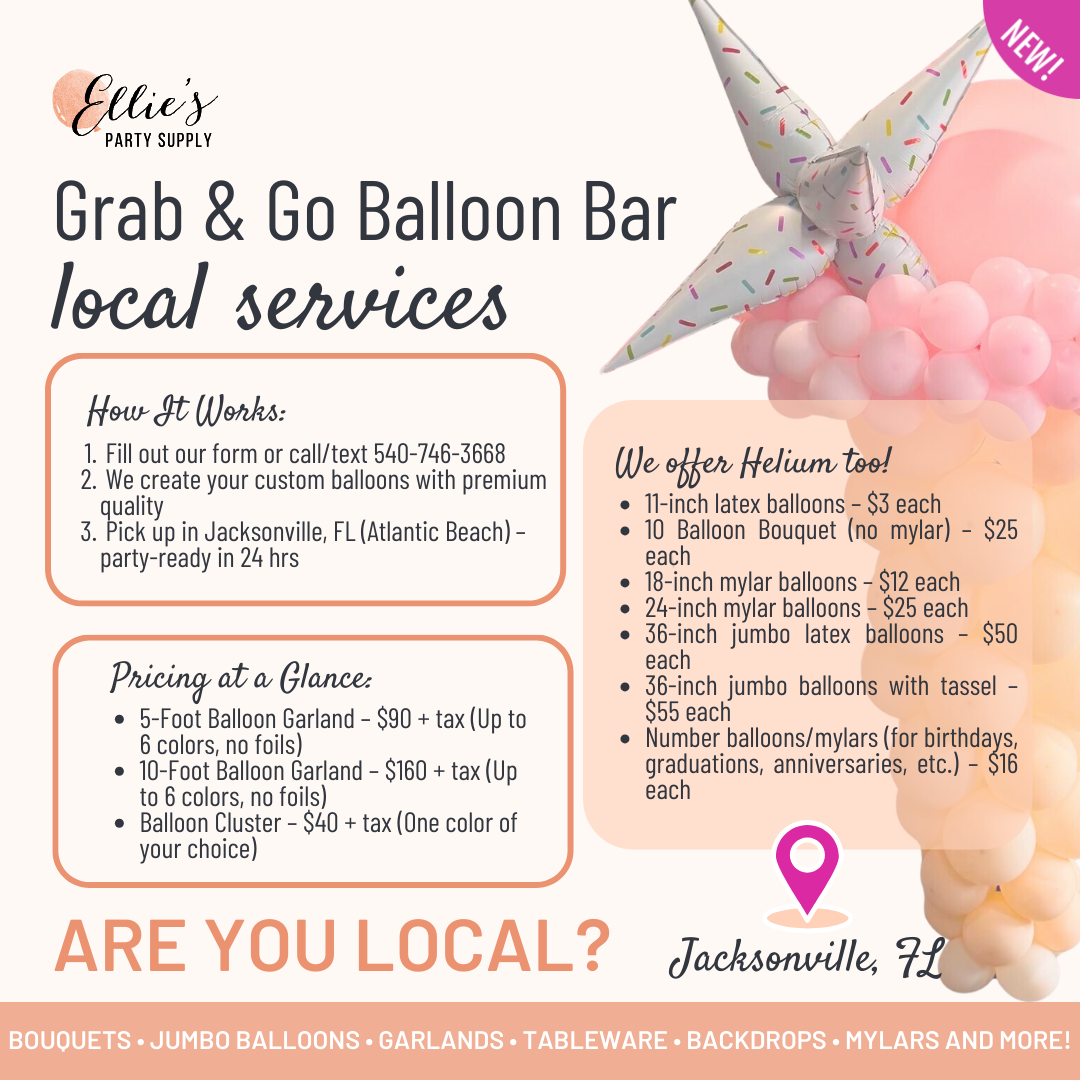 Balloon bar local services graphic with pink balloon cluster and offer details