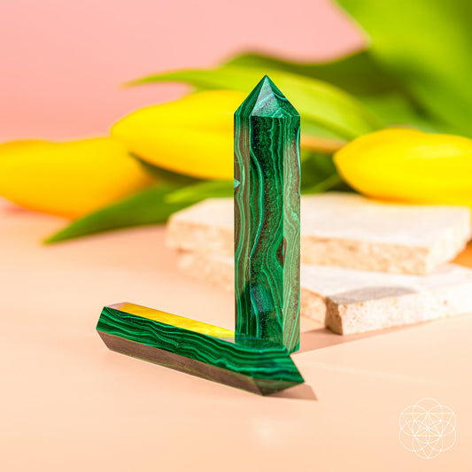 Green malachite crystal tower and matching slab piece with banded swirls