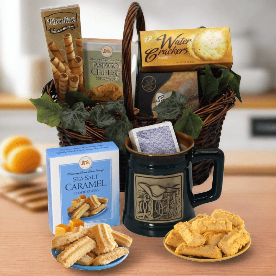 Gift basket with wicker handle, chocolate snacks, crackers, and caramel cookie sticks