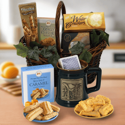 Gift basket with wicker handle, chocolate snacks, crackers, and caramel cookie sticks