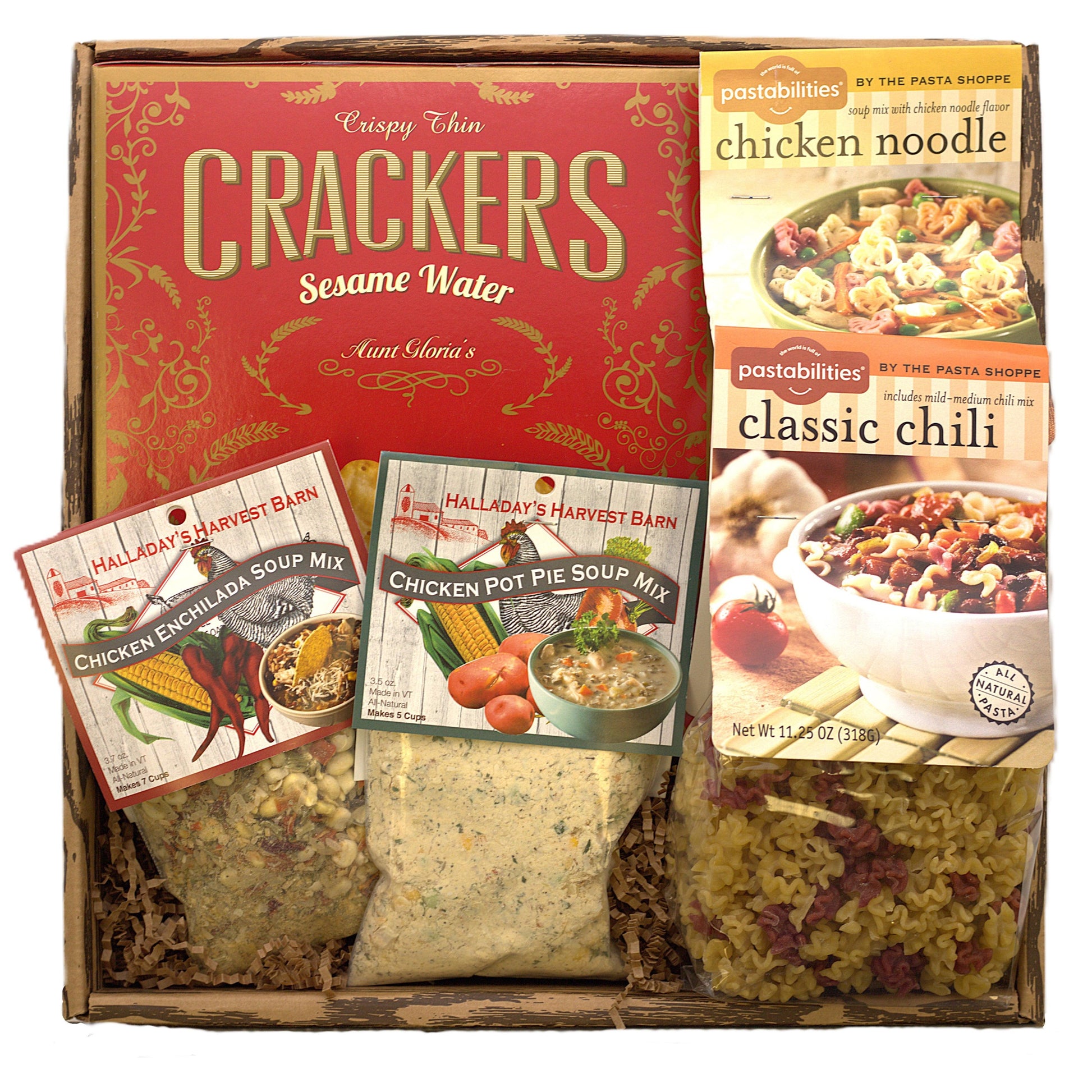 Gourmet soup gift box with crackers, chili and chicken noodle soup mix packets