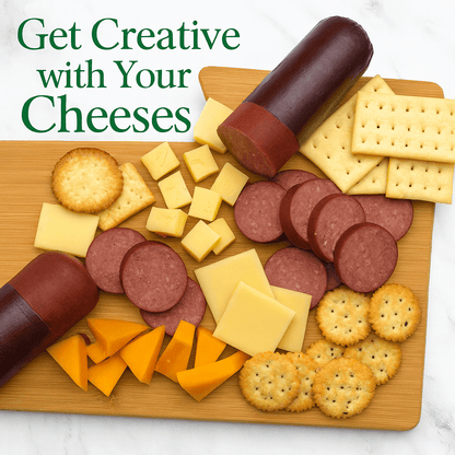 Cheese and sausage board with water crackers and cheese cubes on a wooden tray