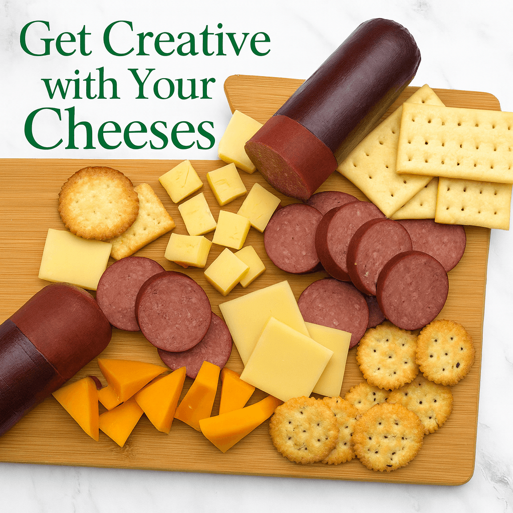 Meat and cheese gift basket snack board with cheeses, salami, and crackers on a tray
