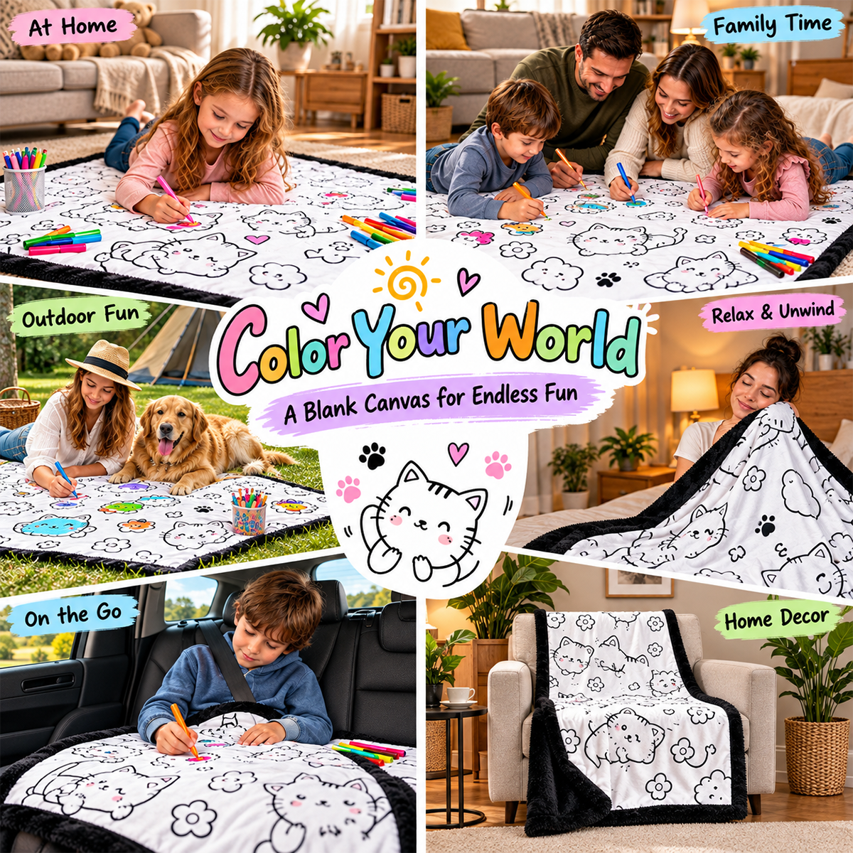 Personalized afternoon tea coloring & doodle blanket with cute cat doodles and large color-your-world graphics