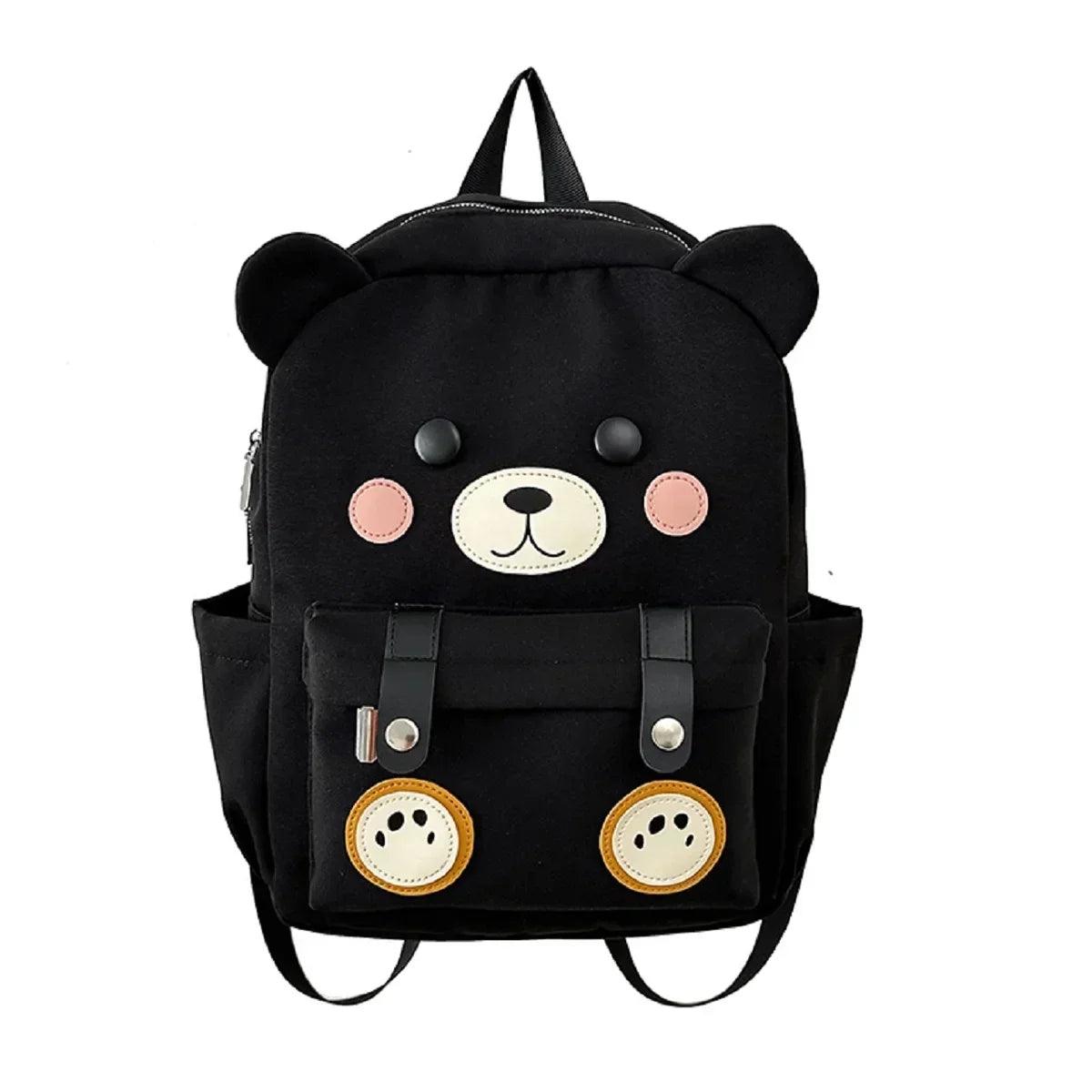 Black cute bear backpack with bear-face patch, pink cheeks, and two front pockets
