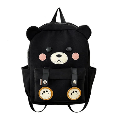Black cute bear backpack with bear-face patch, pink cheeks, and two front pockets