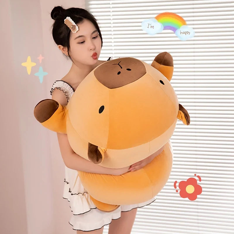 Orange capybara plush pillow with brown snout and cute stitched facial details