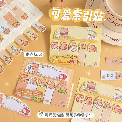 Capybara bookmark sticky notes multipack with colorful tabs and cartoon faces on cards