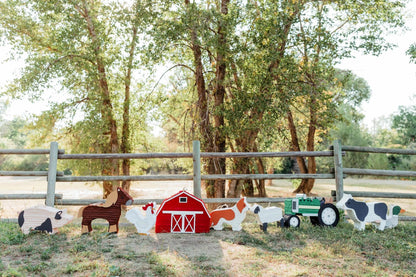 Duck piñata in farm friends set with barn and tractor decorations behind