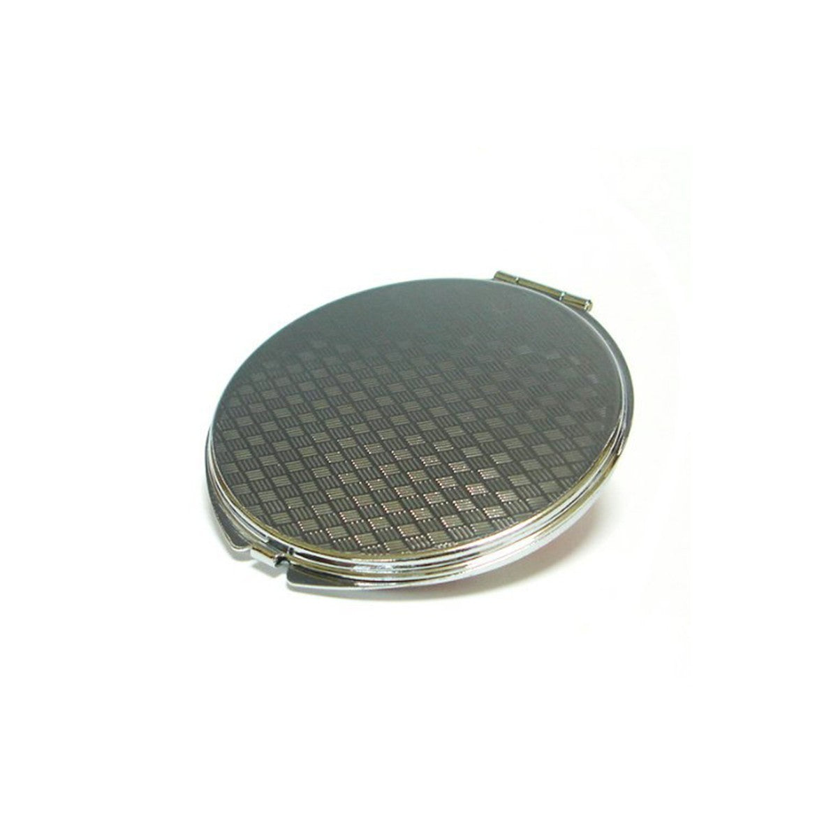 Closed silver compact mirror with a textured dark back.