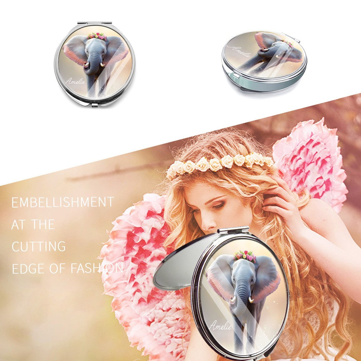 Silver elephant compact mirror shown closed and open.