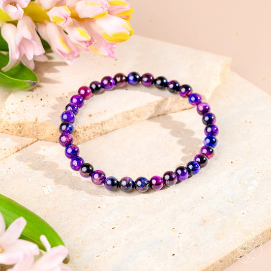 Purple and blue galaxy tiger’s eye bead bracelet with round beads
