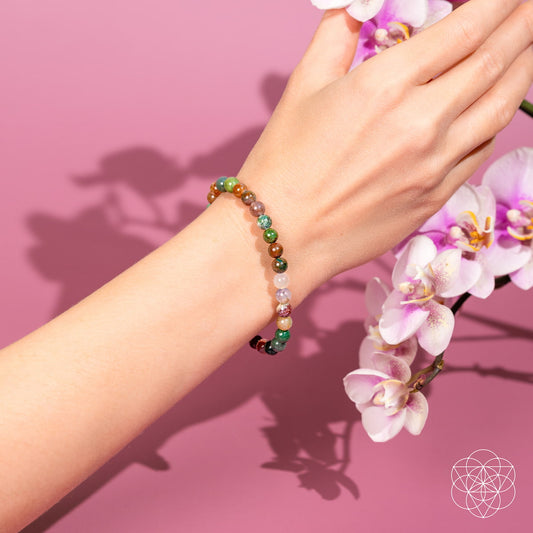 Multicolor gemstone beaded bracelet on wrist, round 6mm beads with elastic cord
