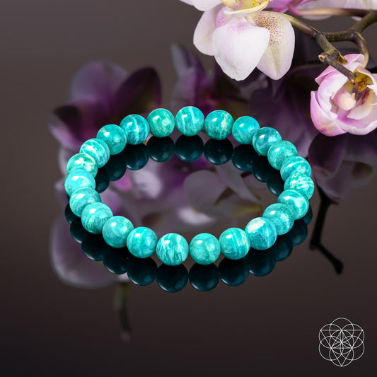 Blue amazonite bead bracelet with round polished stones in a circular strand.