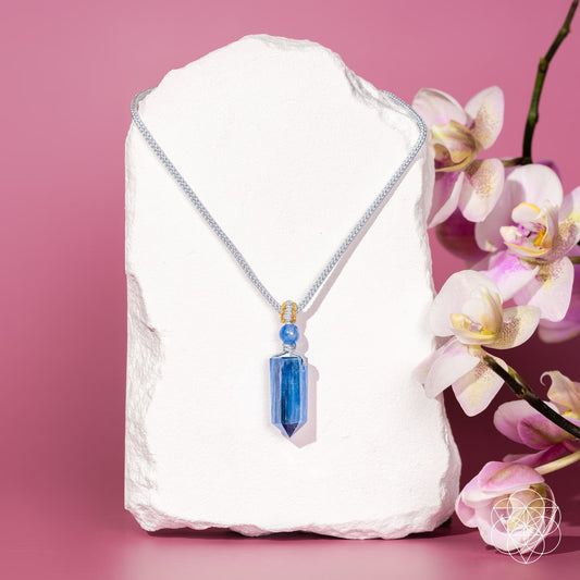 Kyanite pendant necklace with blue crystal drop on silver-tone chain