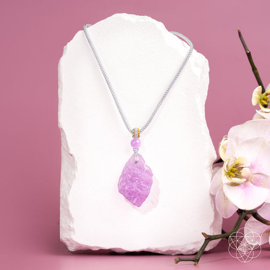 Pink kunzite pendant necklace with silver-tone chain and purple stone drop