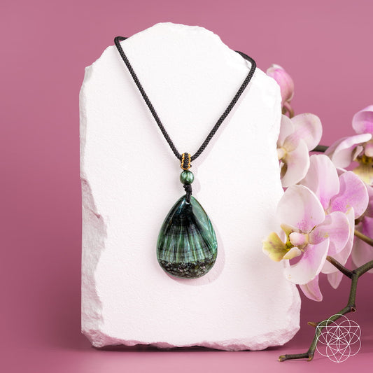 Dark green seraphinite teardrop pendant on black adjustable cord