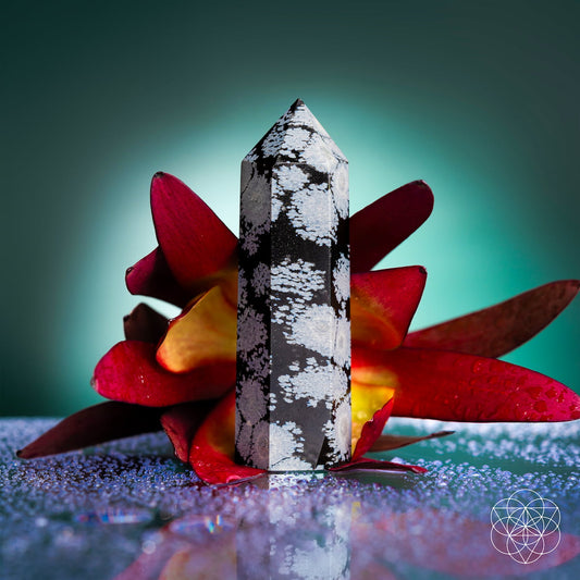 Snowflake obsidian crystal point with black and white speckled patterns