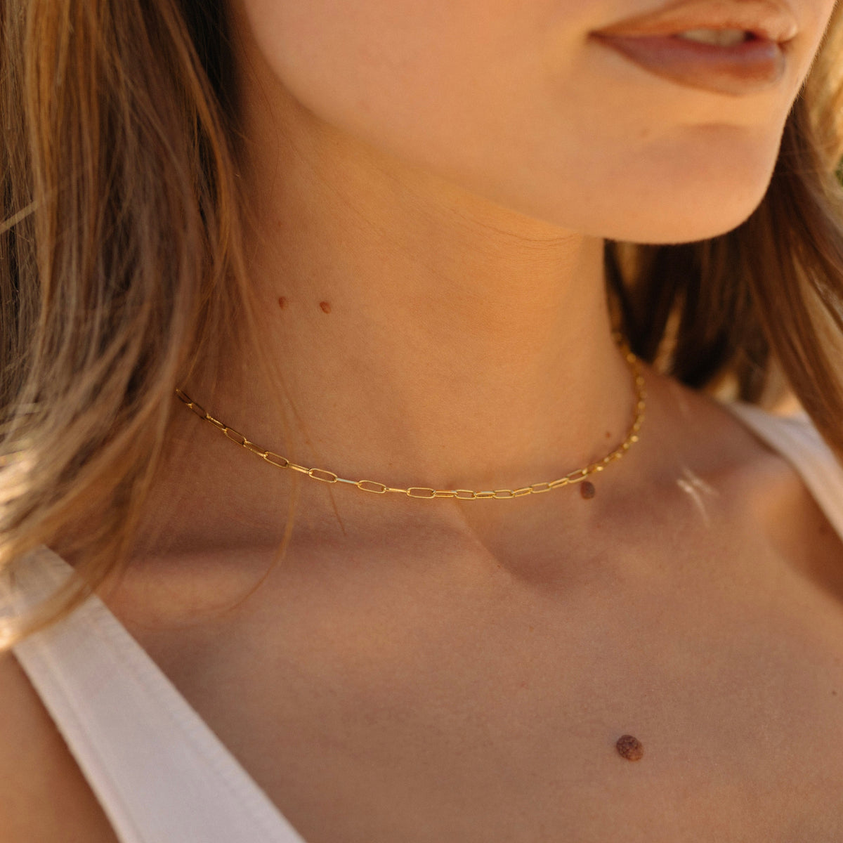 Gold paperclip chain necklace on neck, fine oval links, close-up