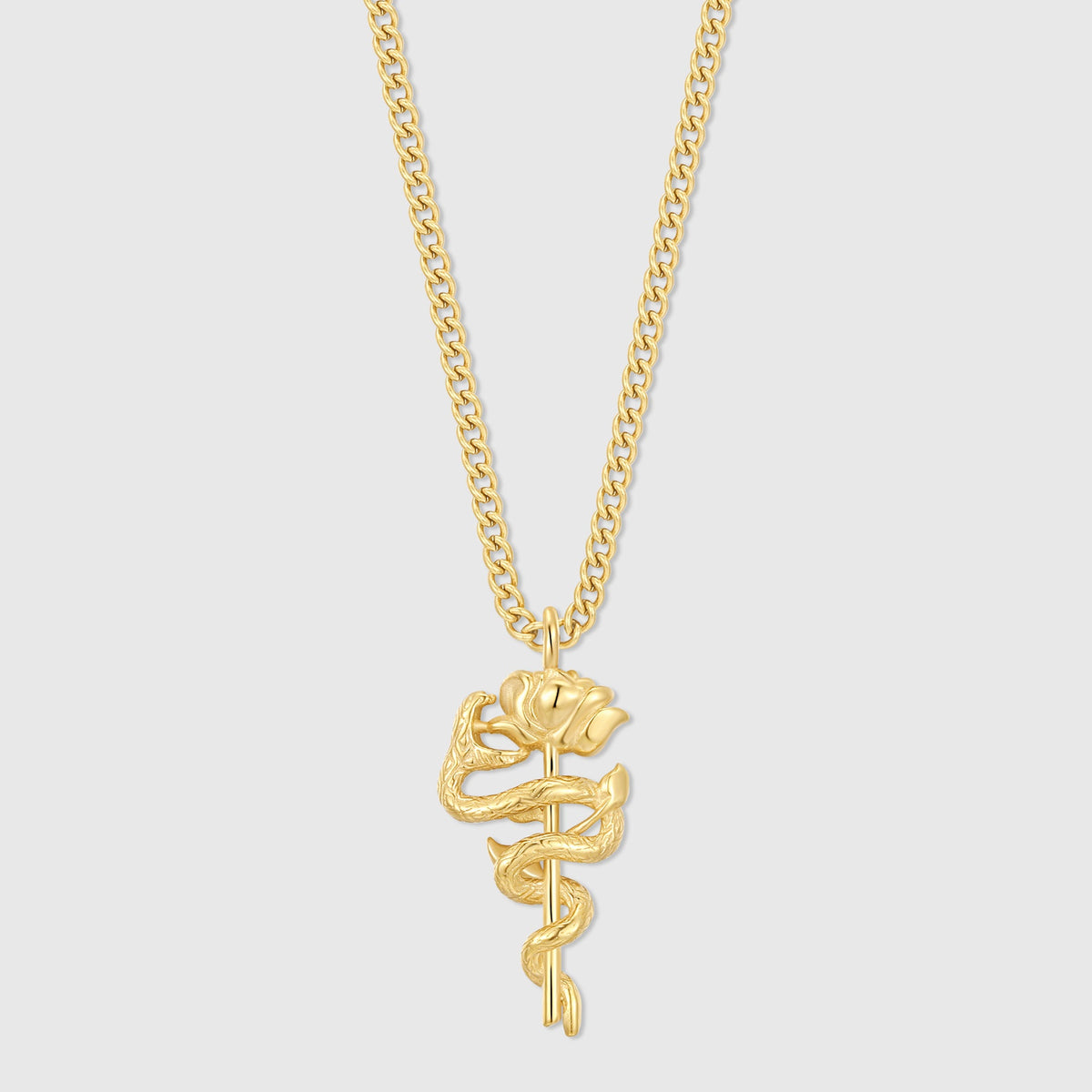Gold serpent rose pendant necklace with twisted chain and coiled rose charm