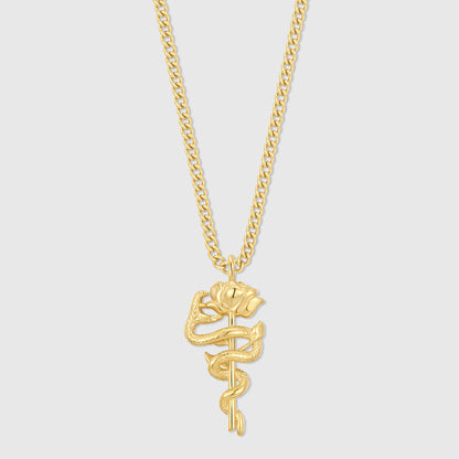 Gold serpent rose pendant necklace with twisted chain and coiled rose charm